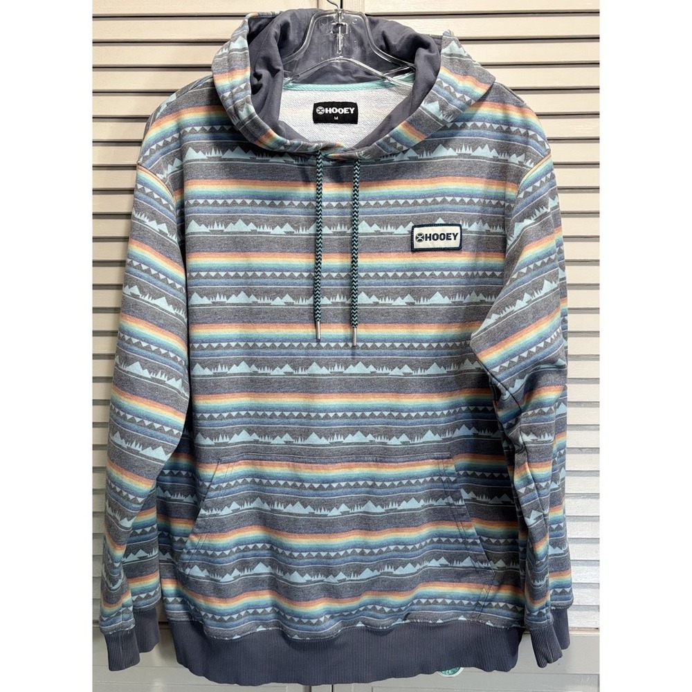 Hooey Aztec Long Sleeve Pullover Hoodie Size M Logo Pocket Gray/Rainbow